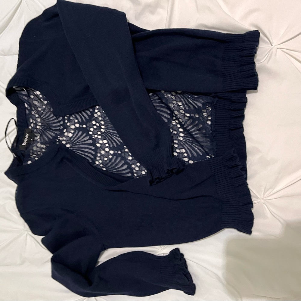 DKNY Navg Blue Cardigan with Lace Accents